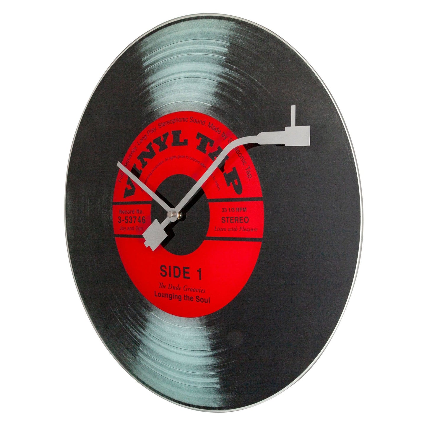 NeXtime Clocks vinyl-themed wall clock, 43 cm with glass face, showing colorful vinyl record design on right side.