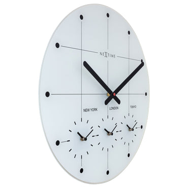NeXtime Clocks 43cm silent wall clock with glass face featuring a "Big City" design, shown from the left side.