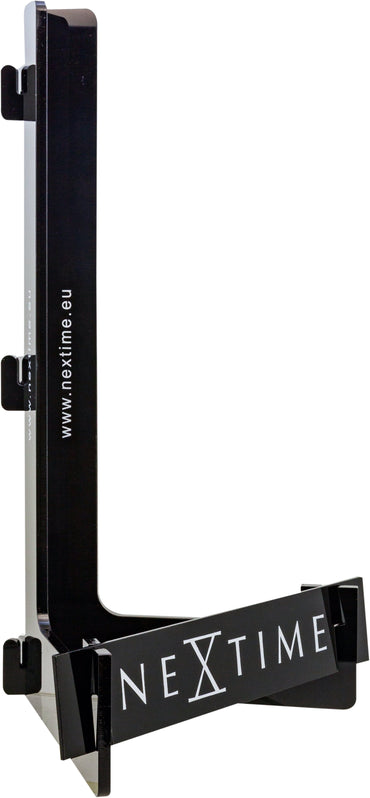 Acrylic display clock with NeXtime Clocks branding, measuring 28x18x12 cm, viewed from the left side.