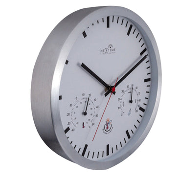 NeXtime Clocks 25cm radio-controlled wall clock with weather station, showing temperature and weather icons on the right side.