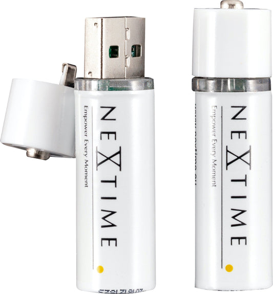 Two NeXtime Clocks AA USB batteries displayed with their front view, showing the battery design and branding.