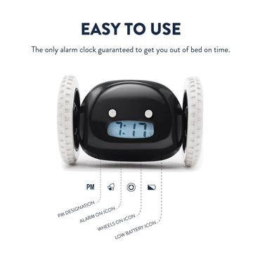 Black Clocky alarm clock on wheels by NeXtime Clocks, featuring a digital display and mobility for alerting users.