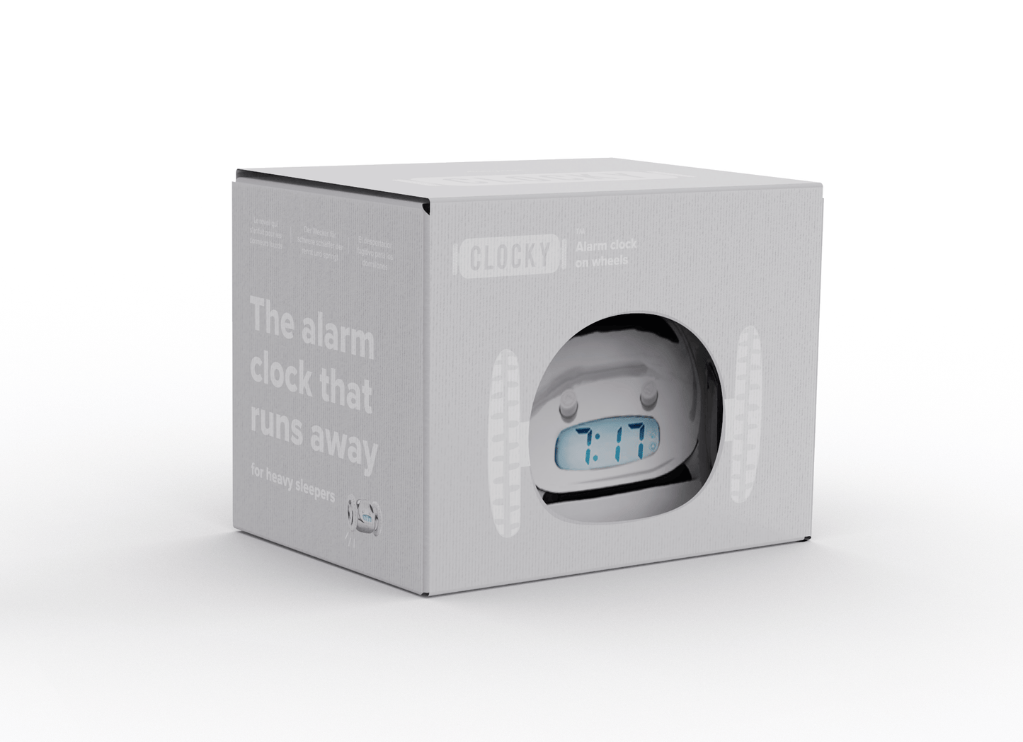 Chrome alarm clock on wheels by NeXtime Clocks, featuring a sleek design and digital display, shown from an angled perspective.