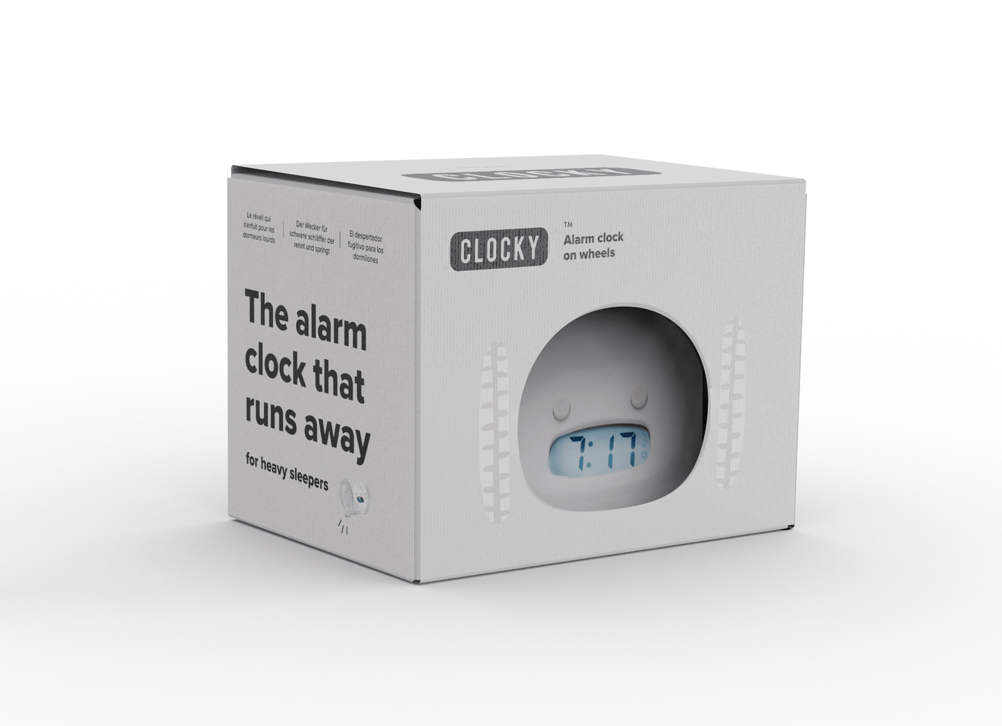 White NeXtime Clocky alarm clock with wheels, shown from an angled side view.