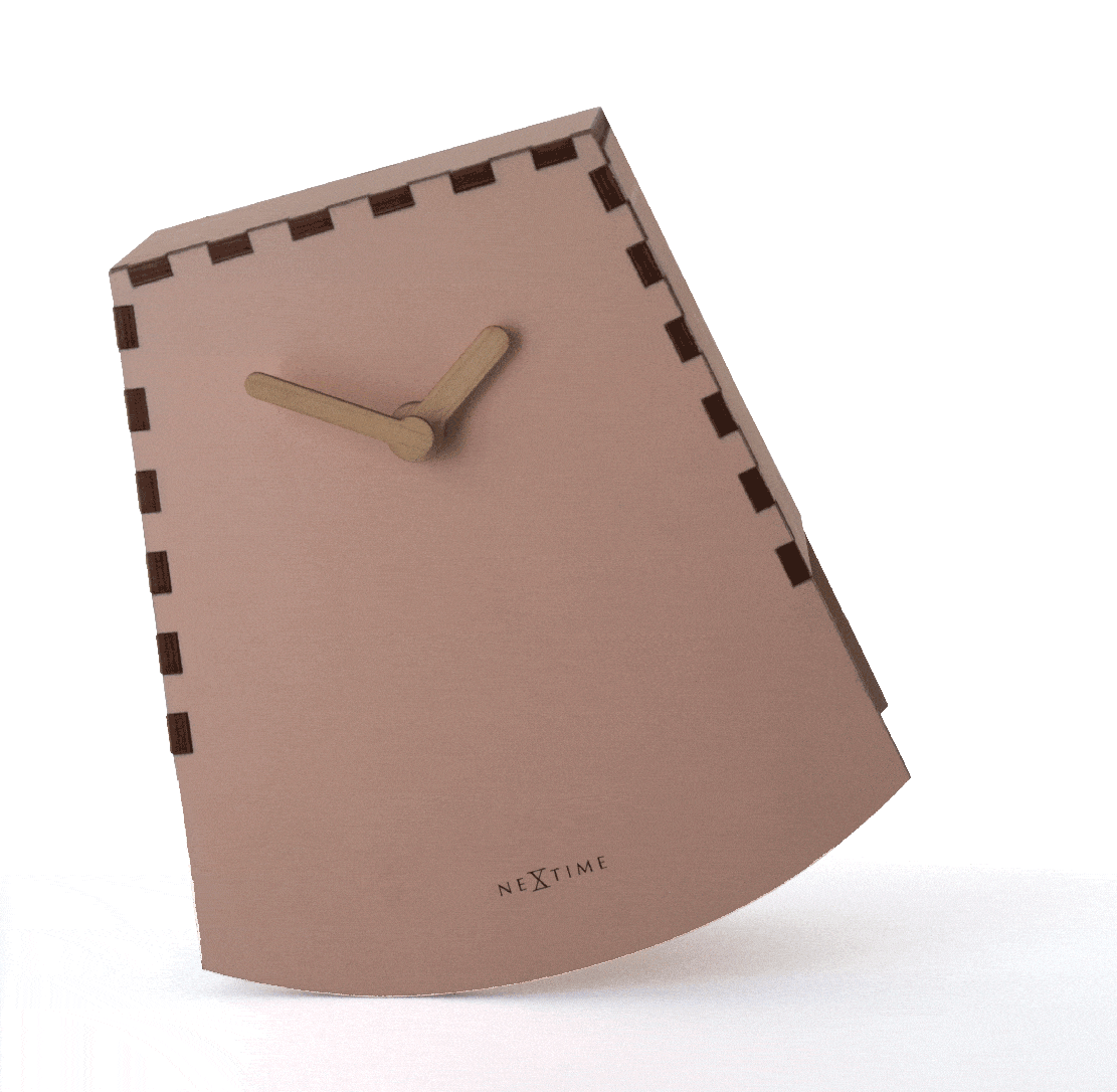 Wooden table clock named Rocky by NeXtime Clocks, 20cm tall with a modern motion design on a flat surface.