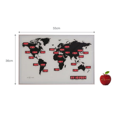 NeXtime Clocks wall clock with glass and aluminum frame, 55x36x4 cm, featuring world time digit display.