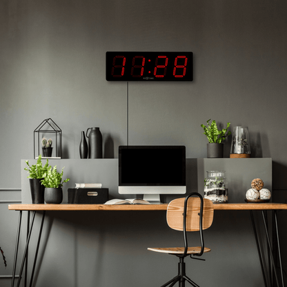 NeXtime Big D wall clock in plastic, 51.5 x 18 x 4.5 cm, featuring a modern design with bold numerals on a white background.