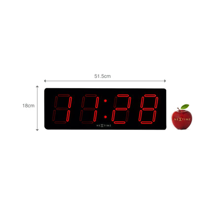 NeXtime Big D wall clock with plastic frame, 51.5 x 18 x 4.5 cm, featuring a modern design and clear clock face.