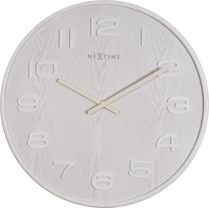 NeXtime Clocks wooden wall clock, 35 cm diameter, with a natural wood finish and minimalist design.