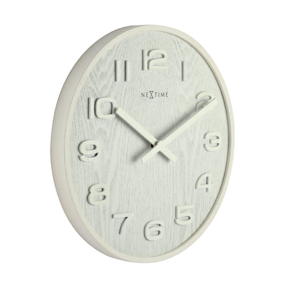 NeXtime Clocks wooden wall clock, 35 cm diameter, natural wood finish, 'Wood Wood Medium' design, showing the left side of the clock.