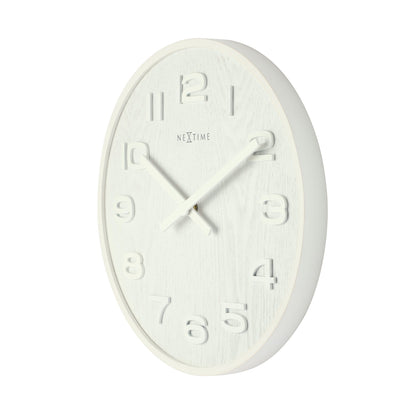 NeXtime Wood Wood Medium wall clock, 35cm diameter, wooden design with minimalist style, shown from right side.