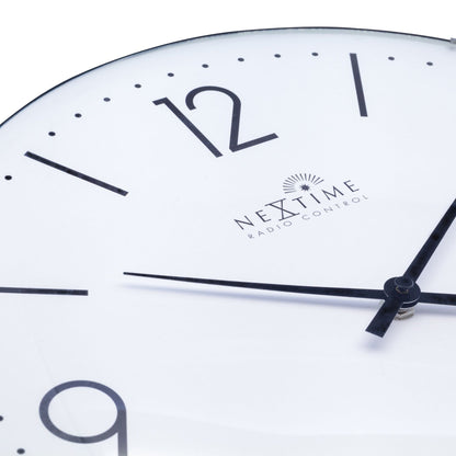 NeXtime Atomic wall clock with 35cm dome glass, radio-controlled DCF timekeeping, detailed close-up of clock face.