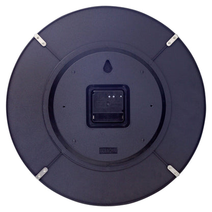 NeXtime Atomic radio-controlled wall clock with 35cm dome glass, black finish, and clear dial, viewed from the back.