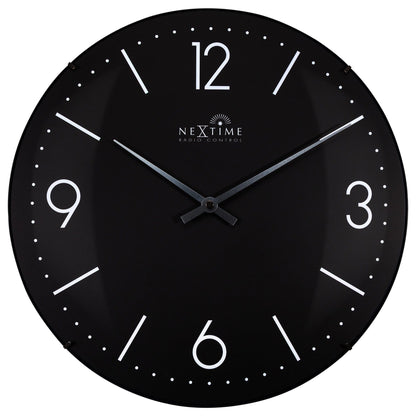 NeXtime Atomic radio-controlled wall clock with 35cm dome glass, sleek design, and black hour markers.