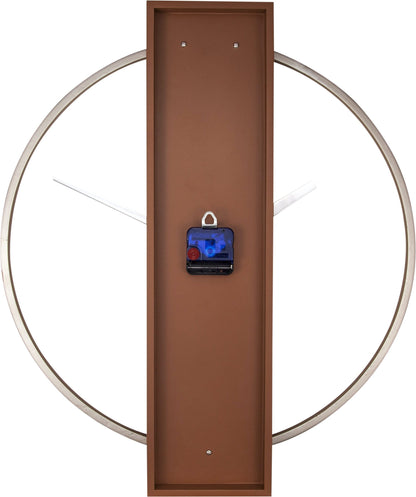 NeXtime Clocks wall clock with wood and steel frame, measuring 50.8 x 58.2 cm, showing the back and mounting details.