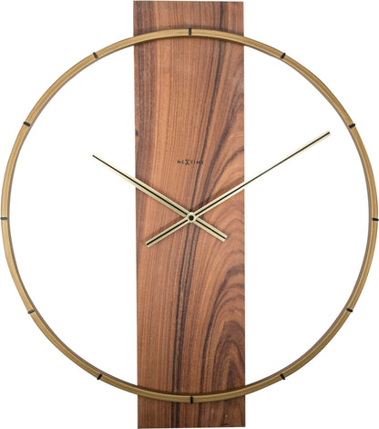 NeXtime wall clock with wooden face and steel frame, measuring 50.8 x 58.2 x 4.3 cm, modern design for home decor.