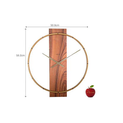 NeXtime Clocks wall clock with wooden and steel frame, measuring 50.8 x 58.2 cm, modern design with large round face.