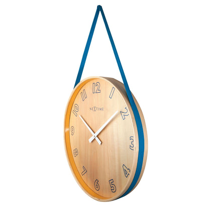 NeXtime Clocks Loop Big wall clock, 40 cm diameter, wood and fabric design, shown from the right side.