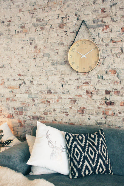 Large 40cm NeXtime Loop Big wall clock with wooden frame and fabric face, modern design for interior wall decor.