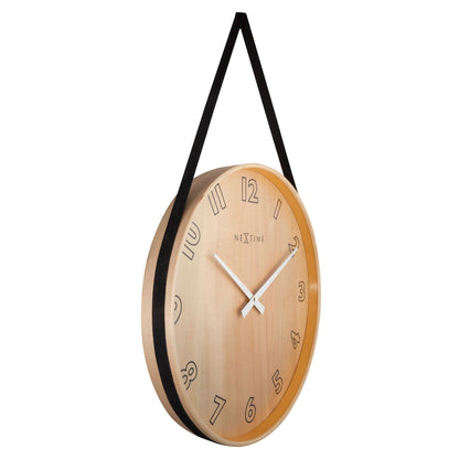 NeXtime Clocks Loop Big wall clock, 40 cm, with wooden frame and fabric face, shown from the left side.