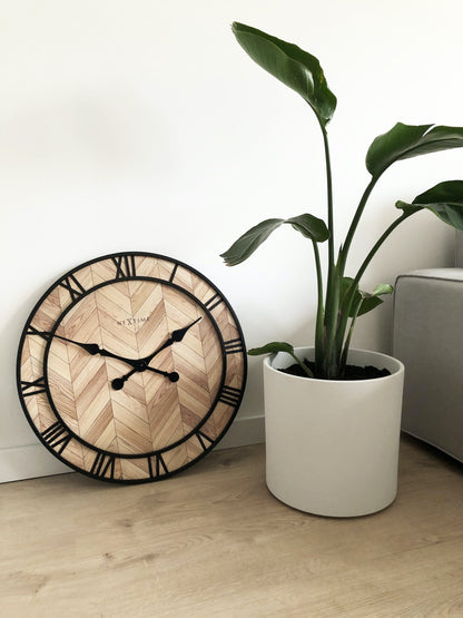 Vintage Roman wall clock by NeXtime Clocks, 58cm wood and metal design with classic Roman numeral face.
