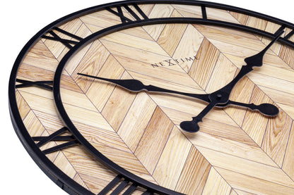 NeXtime Vintage Roman wall clock with 58cm wooden and metal design, featuring classic Roman numeral detailing.