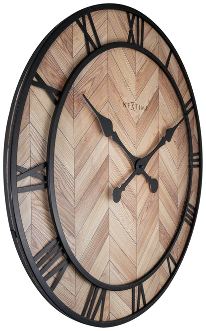 Roman Vintage wall clock by NeXtime Clocks, 58cm round wood and metal design with Roman numeral dial.