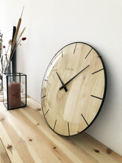NeXtime Clocks wall clock with 35cm diameter wood dome glass design, modern and stylish for home decor.