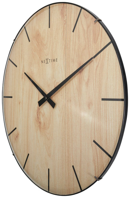 NeXtime Clocks Edge Wood Dome wall clock, 35 cm diameter with dome glass and wooden frame, showing the clock face on the right side.