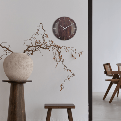 NeXtime Clocks wall clock with 35cm dome glass, Edge Wood Dome design, featuring a modern round shape and natural wood finish.