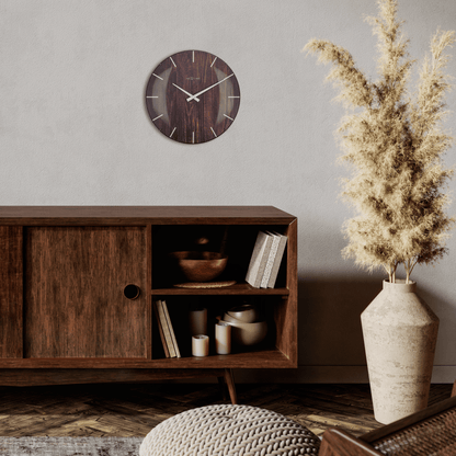 NeXtime Clocks Edge Wood Dome wall clock, 35 cm with dome glass, featuring a modern wooden design and sleek time display.