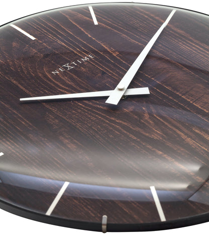 NeXtime Clocks Edge Wood Dome wall clock with 35cm diameter and dome glass, featuring a sleek wood finish and modern design.