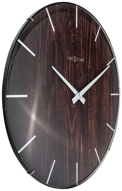 NeXtime Clocks Edge Wood Dome wall clock, 35 cm diameter with dome glass, featuring a stylish wood design and minimalist face.