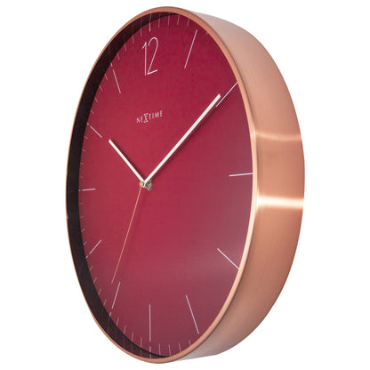 Large red NeXtime wall clock, 40cm silent metal and glass design with minimalist style, ideal for modern wall decor.