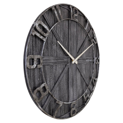 Large 50cm NeXtime York wall clock with wooden and metal design, silent movement, shown from the left side.