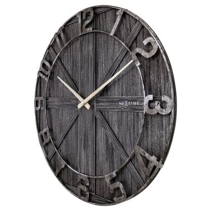 Large 50cm NeXtime York wall clock with wooden and metal design, silent operation, shown from right side.