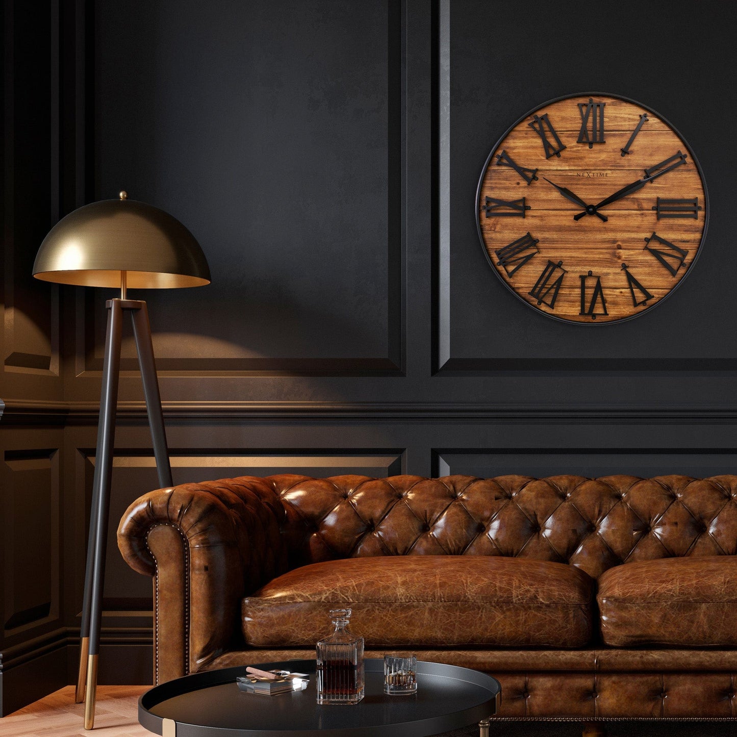Large Wall Clock - 50cm - Silent - Dark Wood  Metal - "Manchester"