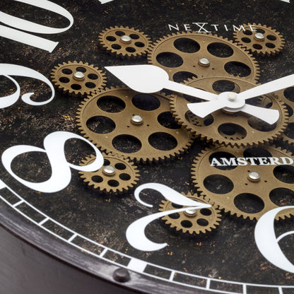NeXtime Clocks Moving Gear Wall Clock "Henry" with 50cm diameter, featuring intricate gear design and modern style.