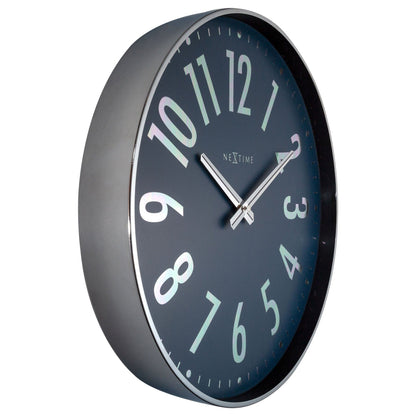 NeXtime Clocks Alchemy wall clock, 40cm metal design, silent operation, showing the left side with black and metal finish.