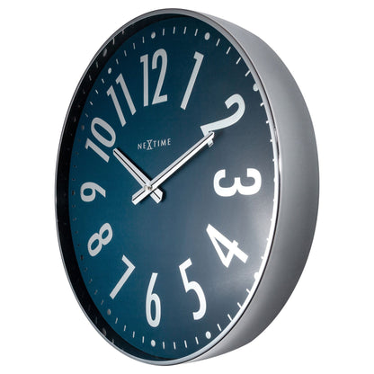 NeXtime Clocks Alchemy wall clock, 40cm silent metal design with black hands and minimalist style, shown from the right side.