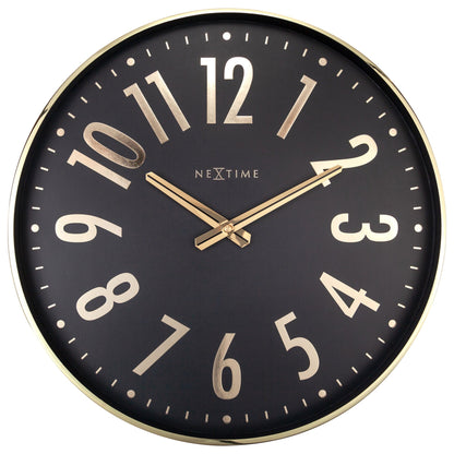 NeXtime Clocks Alchemy wall clock, 40cm silent metal design with black and gold finish, showing clock face with numbers and hands.