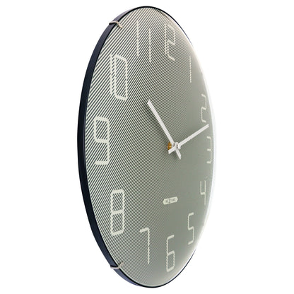 NeXtime Clocks wall clock with 35cm domed glass lens, silent operation, featuring a sleek glass shade on the left side.