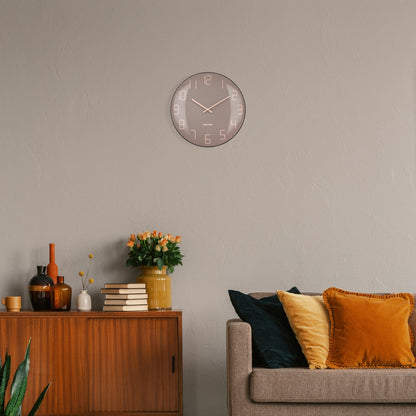 NeXtime Clocks wall clock with 35cm domed glass lens, silent mechanism, vintage style, and clear clock face.
