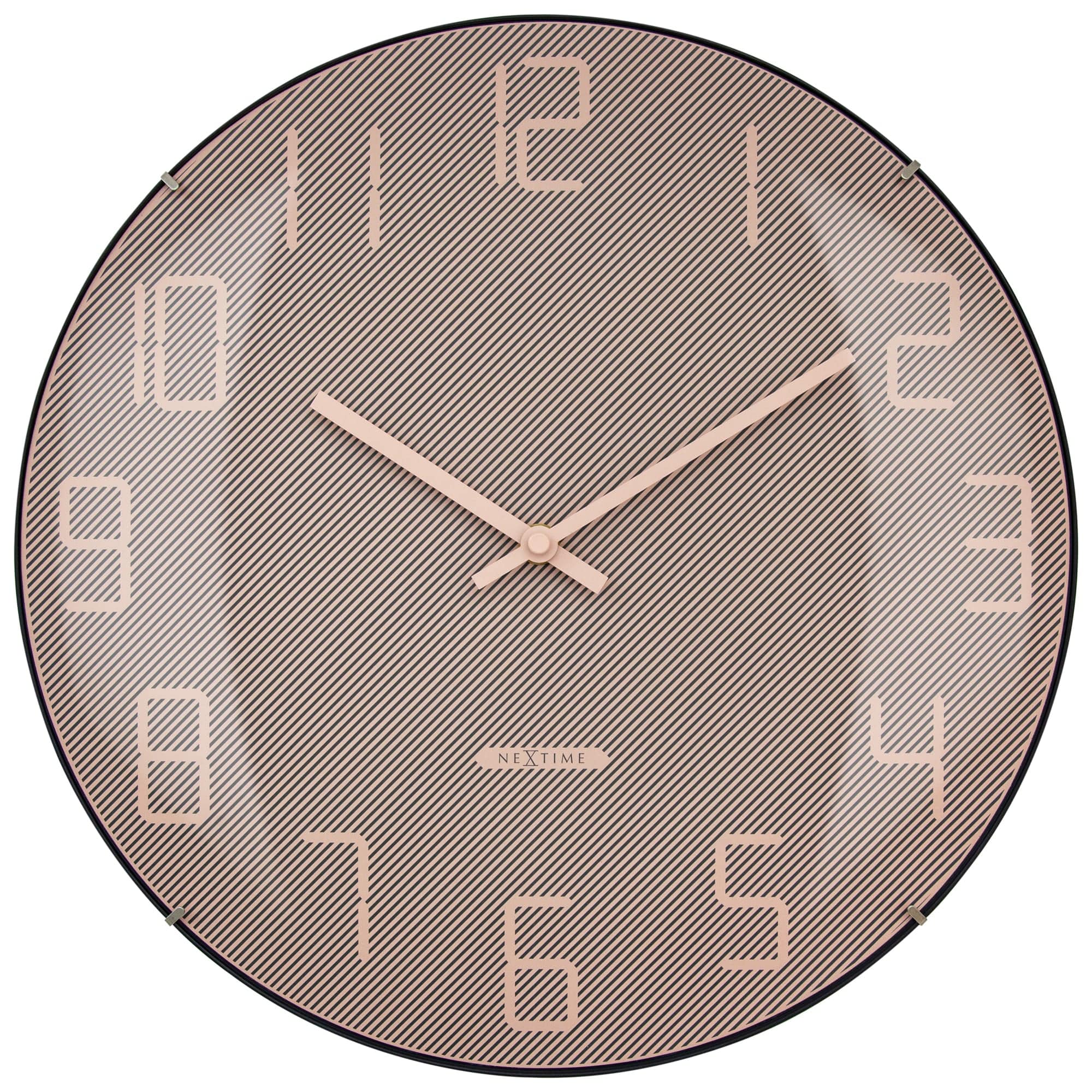 NeXtime Clocks wall clock with 35cm domed glass lens, silent operation, modern design, and a sleek glass "Shade" finish.