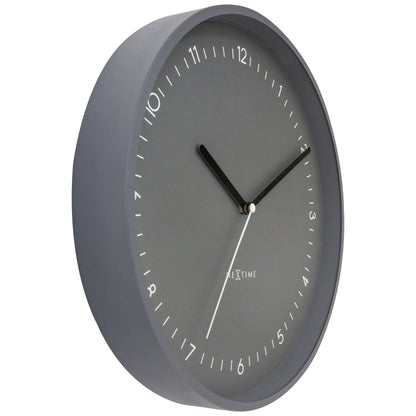 NeXtime Berlin wall clock, 30cm aluminum silent clock with black hour and minute hands, shown from left side.