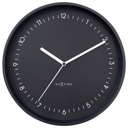 NeXtime Berlin wall clock, 30cm aluminum design, silent operation, modern style, front view showing black hour markers and hands.