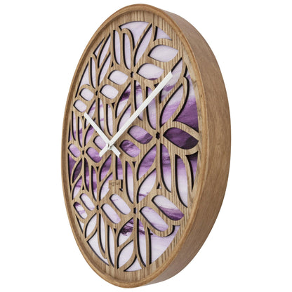 Wandklok 40cm van NeXtime Clocks, paars houten design, stil uurwerk, zichtbaar van de rechterkant met wijzers en numeriek indicatie.