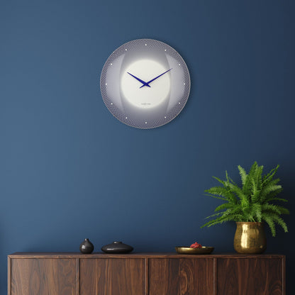 Large NeXtime wall clock with 50cm diameter, domed glass lens, silent movement, and modern design.