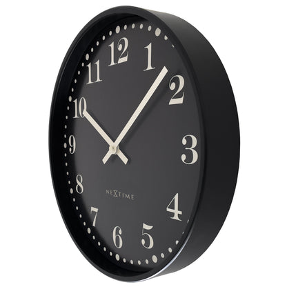 NeXtime Dickens wall clock, 30cm, black and white plastic design, silent movement, right side view.