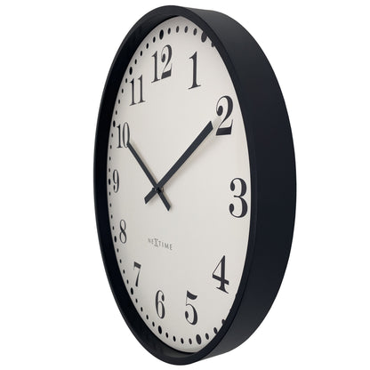 Black and white NeXtime Dickens large wall clock, 50cm diameter, silent plastic design, shown from the right side.